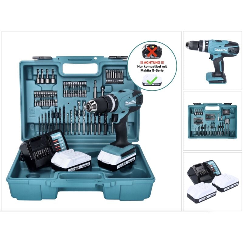 

Makita HP 457 DWE Taladro percutor a batería 18V / G-Serie + Maletín de transporte + 2x Batería 1,5 Ah + Cargador DC 18 WA + Set de accesorios 74