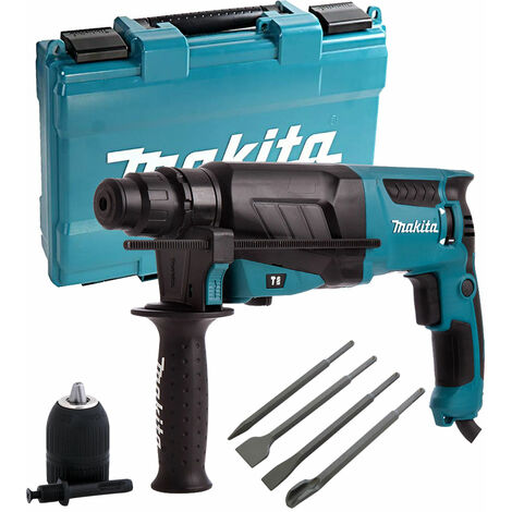 Makita HR2630 110V SDS+ Rotary Hammer Drill & 4 Piece Chisel Set + Keyless Chuck