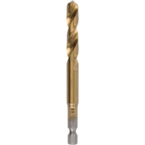 Makita HSS-TIN metal drill bit 8.5 x 102 mm, outil professionnel de perçage des métaux, revêtement en nitrure de titane , tige hexagonale, résistance supérieure, couleur métallique.