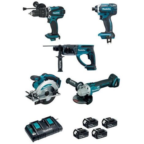 Makita – Kit de 5 machines 18V DLX5039PTJ – 5Ah – Meuleuse, perceuse, perforateur, scie circulaire, visseuse à chocs – Pour béton et bois dur