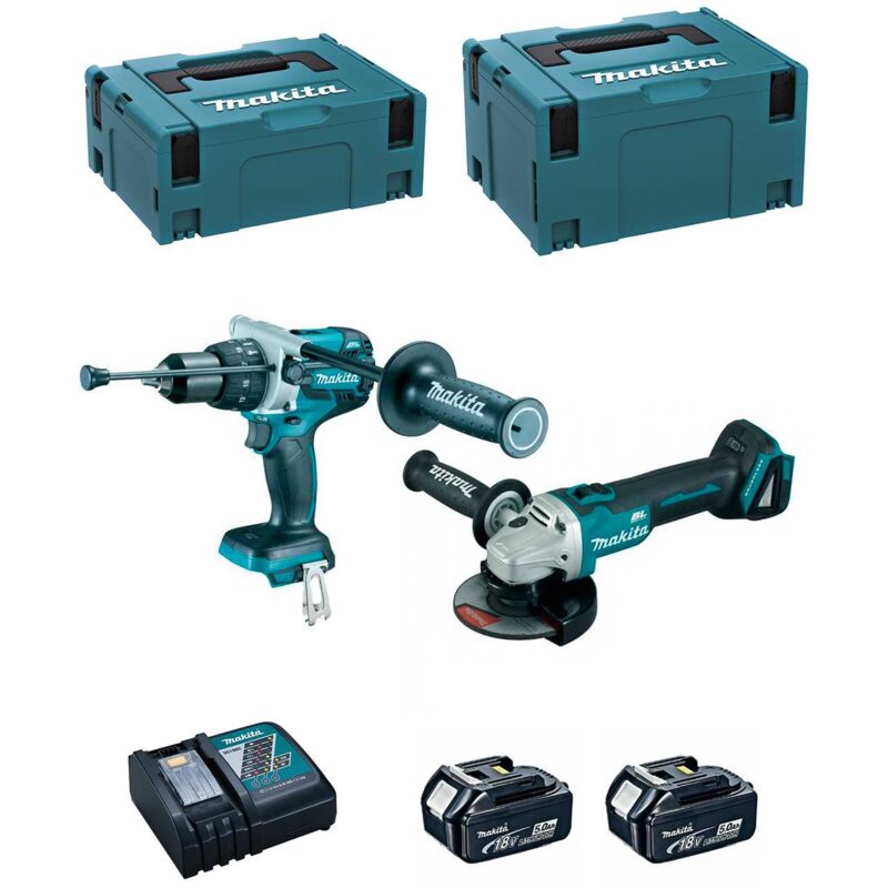 MAKITA Kit DLX2130TJ2 (DGA504 + DHP481 + 2 x 5,0 Ah + DC18RC + MAKPAC 2 + MAKPAC 3)