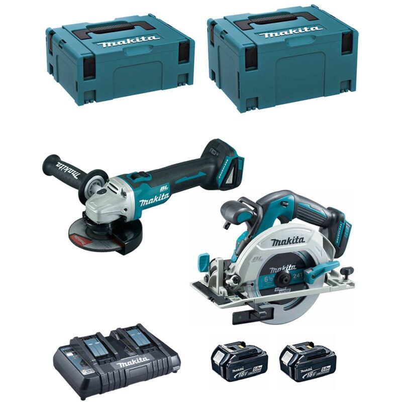 Makita - Set di 2 macchine 18 v Li-Ion 5 Ah Sega DHS680 + Smerigliatrice DGA506 - 2 batterie, caricabatterie, custodia - DLX2277PTJ