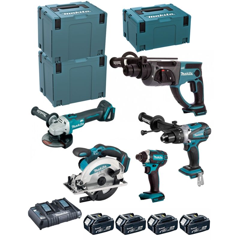 MAKITA Kit DLX5039PTJ (DHP458 + DHR202 + DGA504 + DSS610 + DTD152 + 4 x 5,0 Ah + DC18RD + MAKPAC 3 + 2 x MAKPAC 4)