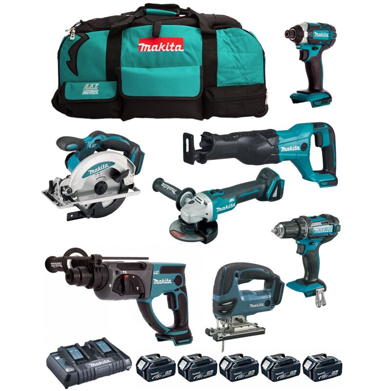 MAKITA Kit DLX7013PT1 (DDF482 + DGA504 + DHR202 + DJR186 + DJV180 + DSS610 + DTD152 + 5 x 5,0 Ah + DC18RD + LXT600)