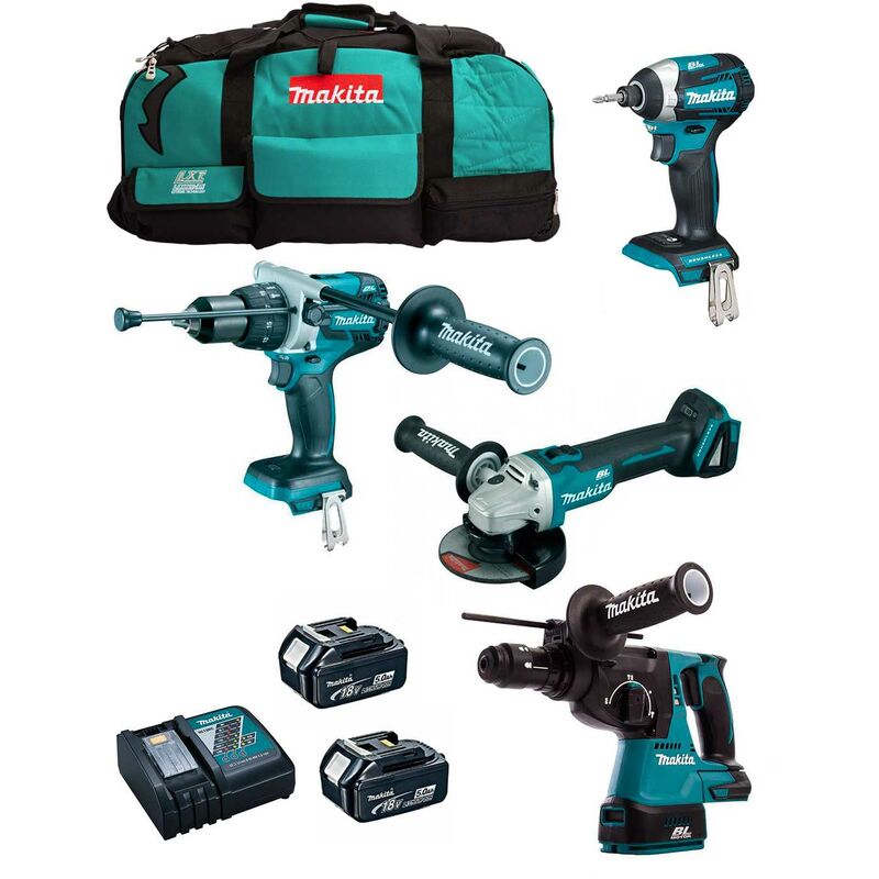 

MAKITA Kit MK403 (DHP481 + DHR243 + DGA504 + DTD154 + 2 x 5,0 Ah + DC18RC + LXT600)