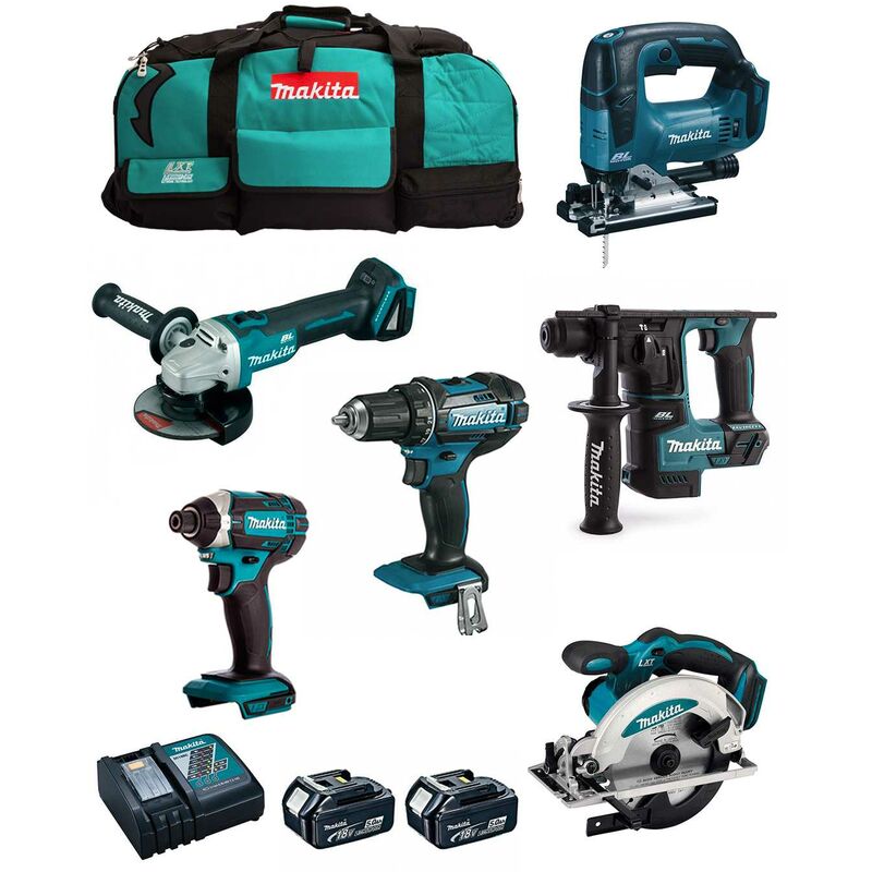 

MAKITA Kit MK601 (DDF482 + DHR171 + DGA504 + DTD152 + DJV182 + DSS610 + 2 x 5,0 Ah + DC18RC + 2 x LXT600)