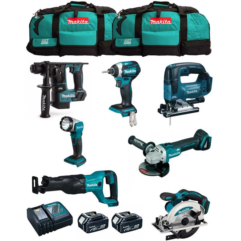 

MAKITA Kit MK703 (DHR171 + DGA504 + DTD154 + DJR186 + DJV182 + DSS610 + DML802 + 2 x 5,0 Ah + DC18RC + 2 x LXT600)