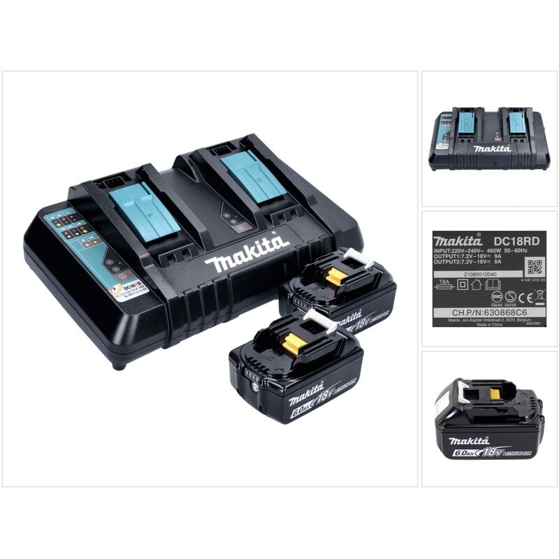 Makita Power Source Kit Li 18V + 2x Batteries BL1860B 6,0Ah + Chargeur double DC18RD ( 199484-8 )