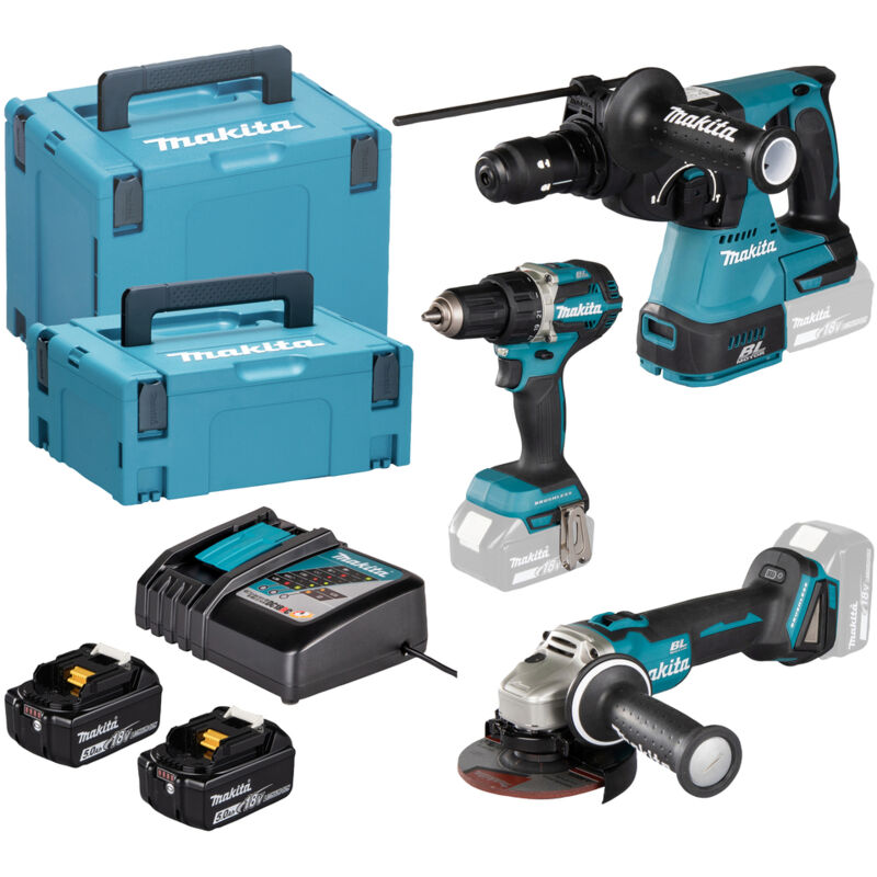 Kit combinato Makita LXT DDF484 - DGA504 - DHR243 - caricabatterie - 2 batterie da 5,0 Ah - valigetta