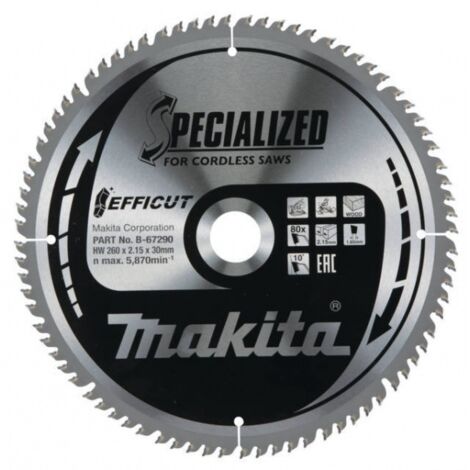 Makita – Lame de scie circulaire 260 mm B67290 – Alésage 30 mm – 80 dents carbure pour bois dur – Coupe nette et précise