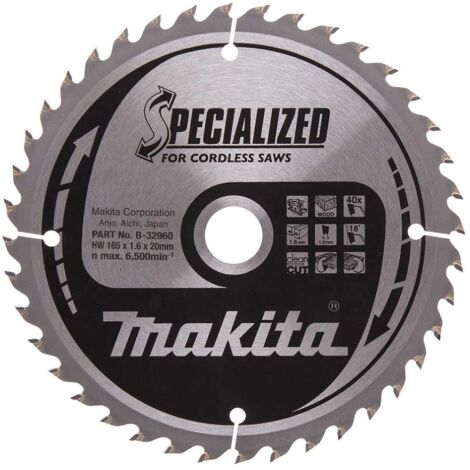 Makita – Lame de scie circulaire TCT 165mm – Alésage 20mm – 40 dents pour bois dur – Coupe nette et précise - B-32960