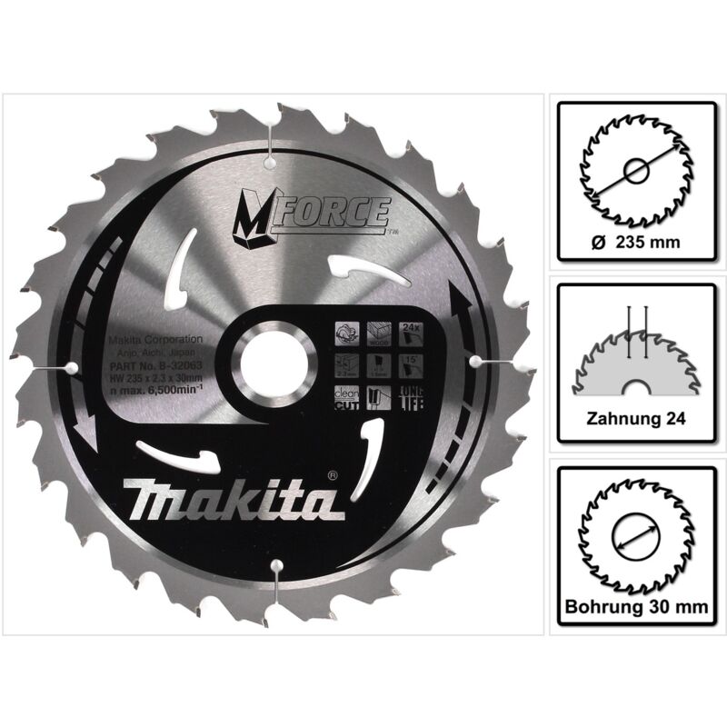 Lama per sega circolare in metallo duro Makita M-Force TCT T.C.T. - 235 x 30 mm - 24 denti - legno