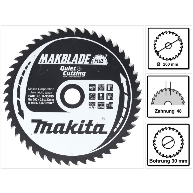 Image of Makblade plus Kreissägeblatt für Holz 260 x 30 x 2,8 mm 48 Zähne ( B-33495 ) - Makita