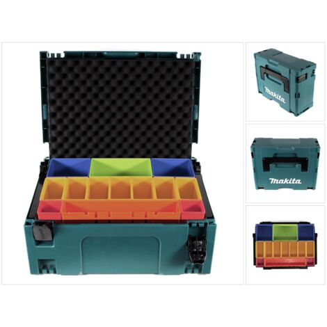 Makita MAKPAC 2 Systemkoffer + Boxeneinsatz mit farbigen Boxen P-83652 + Deckeleinlage Schaumstoff