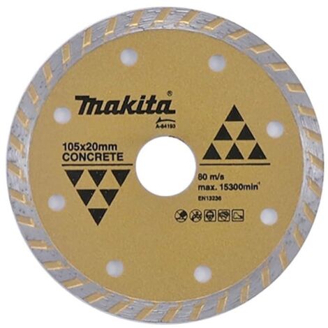 Makita, modèle 84143, disque diamanté turbo  115 mm, idéal pour couper le béton, le ciment, le marbre et la céramique, coupe à sec, compatible avec les meuleuses, couleur argent.