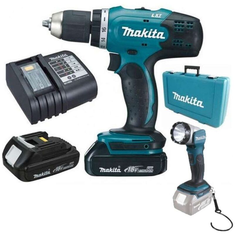 Makita Outillage - Set perceuse et lampe de poche LED 18V sans fil, 2 batteries Li-Ion de 1,5 Ah, chargeur DDF453SYEL