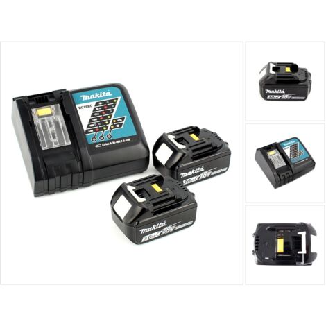 Makita – Pack de 2 batteries Li-Ion 18V 3Ah avec chargeur rapide DC 18 RC – Charge optimisée – Pour travaux intensifs et prolongés
