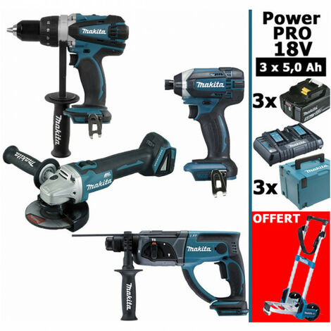 Makita – Pack de 4 outils électroportatifs 18V – Perceuse 91Nm DDF458 – Perfo-burineur 2J DHR202 – Meuleuse 125mm DGA504 – Visseuse à chocs 165Nm DTD152 – 3 batteries 5Ah
