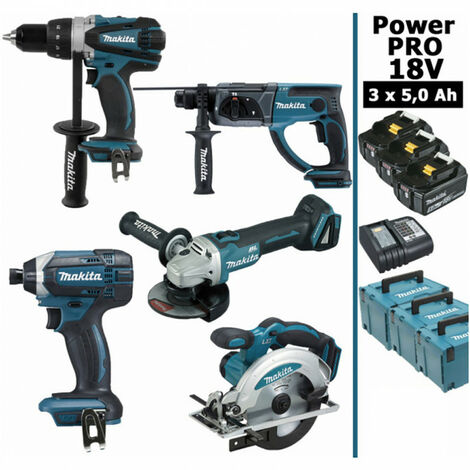 Makita – Pack de 5 outils électroportatifs 18V – Perceuse 91Nm, Perfo-burineur 2J, Meuleuse 125mm, Visseuse 165Nm, Scie circulaire 165mm – 3 batteries 5Ah