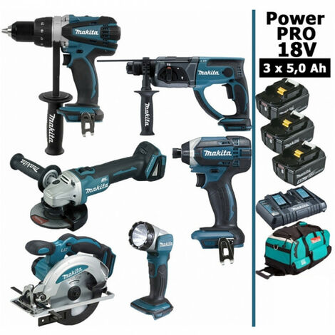 Makita – Pack de 6 outils électroportatifs 18V – Perceuse 91Nm, Perfo-burineur 2J, Meuleuse 125mm, Visseuse 165Nm, Scie circulaire 165mm, Lampe LED – 3 batteries 5Ah