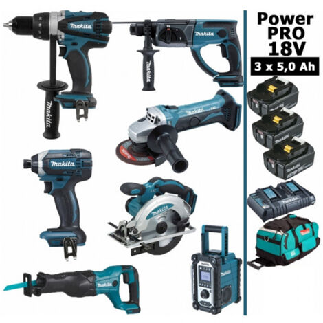 Makita – Pack de 7 outils électroportatifs 18V – Perceuse 91Nm, Visseuse 165Nm, Meuleuse 125mm, Scie circulaire 165mm, 3 batteries 5Ah, sac