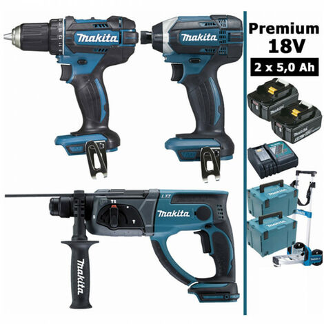 Makita – Pack d'outils électroportatifs 18V – 3 machines : perceuse 62Nm, visseuse 165Nm, perforateur 2J – 2 batteries 5Ah – Chariot inclus