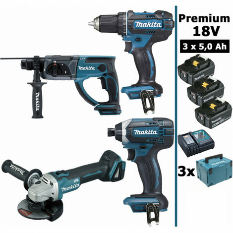 Makita – Pack d'outils électroportatifs 18V – 4 machines avec 3 batteries 5Ah – Moteur Brushless – Coffrets MakPac inclus