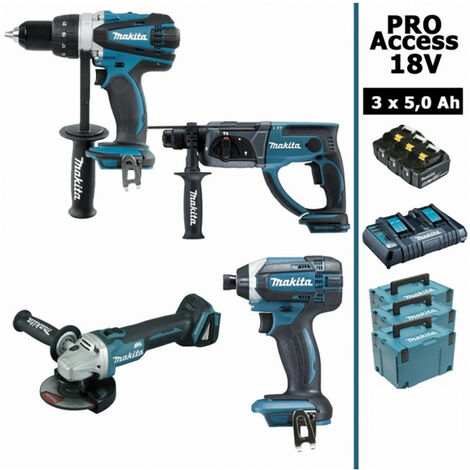 Makita – Pack d'outils électroportatifs 18V – 4 machines avec 3 batteries 5Ah – Perceuse 91Nm, meuleuse 125mm, perforateur 2J, visseuse 165Nm