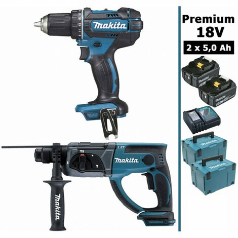 Makita – Pack d'outils électroportatifs 18V – Perceuse 62Nm DDF482 + Perfo-burineur 2J DHR202 + 2 batteries 5Ah + 2 coffrets MakPac