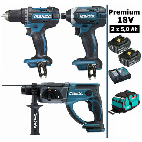 Makita – Pack d'outils électroportatifs 18V – Perceuse 62Nm DDF482, perforateur 2J DHR202, visseuse à chocs 165Nm DTD152 – 2 batteries 5Ah, sac inclus