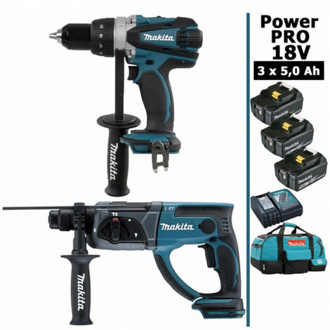 Makita – Pack d'outils électroportatifs 18V – Perceuse 91Nm DDF458 et perforateur 2J DHR202 – 3 batteries 5Ah et sac de transport inclus