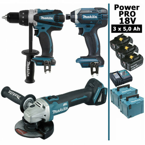 Makita – Pack d'outils électroportatifs 18V – Perceuse 91Nm DDF458 – Meuleuse 125mm DGA504 – Visseuse à chocs 165Nm DTD152 – 3 batteries 5Ah
