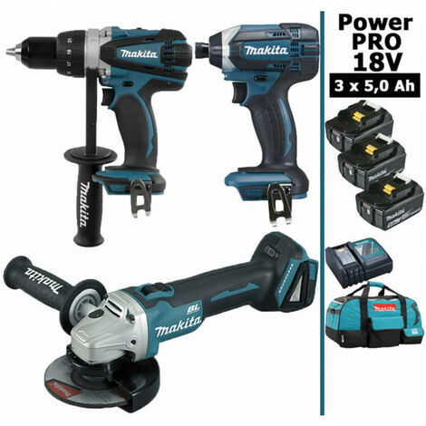 Makita – Pack d'outils électroportatifs 18V – Perceuse 91Nm DDF458 – Meuleuse 125mm DGA504 – Visseuse à chocs 165Nm DTD152 – 3 batteries 5Ah