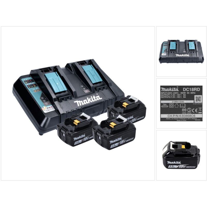 Makita - Power Source Kit 18V Li : 3x Batteries BL1850B 5,0Ah + Chargeur double DC18RD ( 198458-6 )