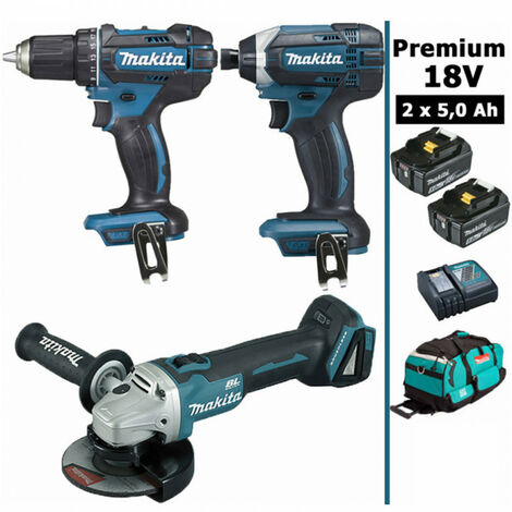 Makita – Pack Premium 18V 5Ah – Perceuse 62Nm DDF482 – Visseuse à chocs 165Nm DTD152 – Meuleuse 125mm DGA504 – 2 batteries Li-Ion