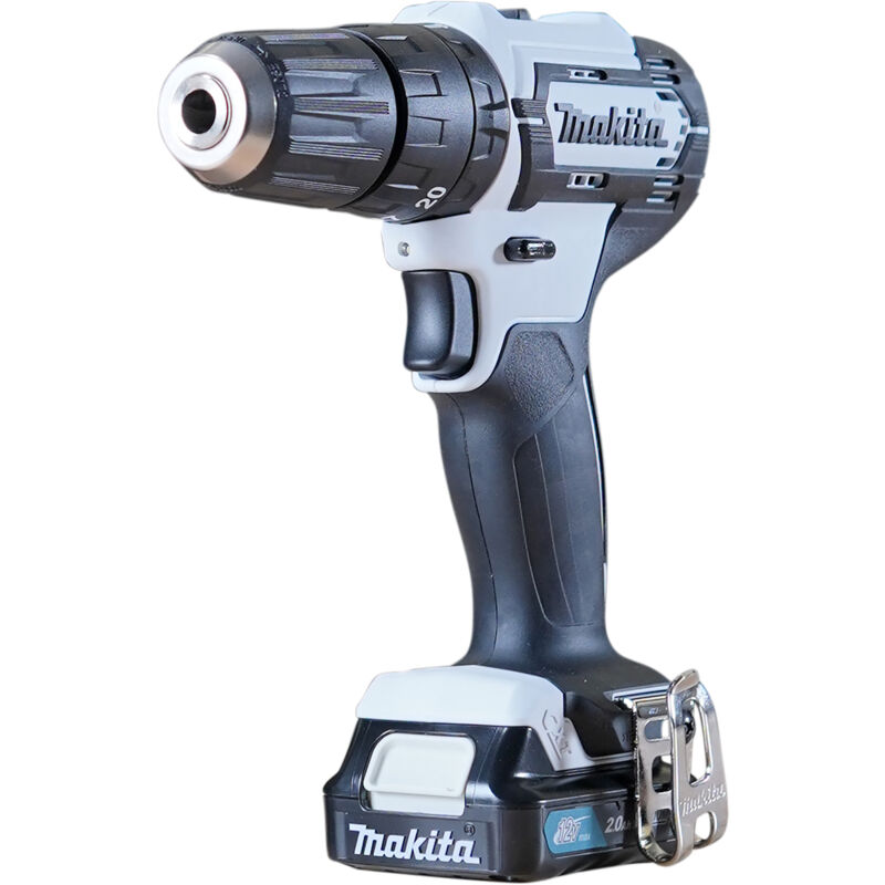 Perceuse-visseuse à percussion sans fil Makita HP333DSAW 12V blanche avec 1x batterie 2,0 Ah + chargeur en coffret
