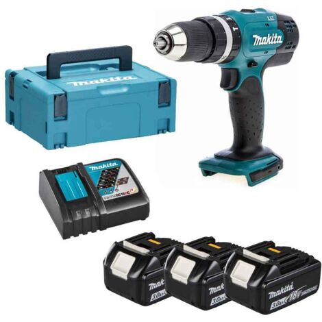 Makita – Perceuse-visseuse à percussion 18V – 3 batteries 3,0Ah – Mandrin auto-serrant 13mm – Couple 42Nm pour perçage bois et béton - DHP453RF3J