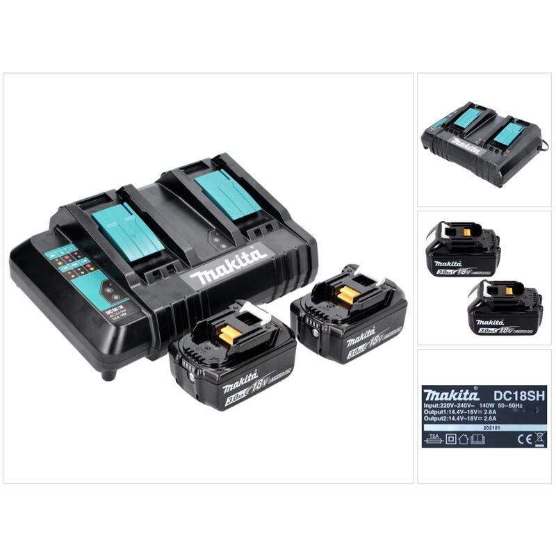 Makita - Power Source Kit 18 v : 2x bl 1830 b Batteries 3,0 Ah + dc 18 sh Chargeur double (197599-5) (199687-4)