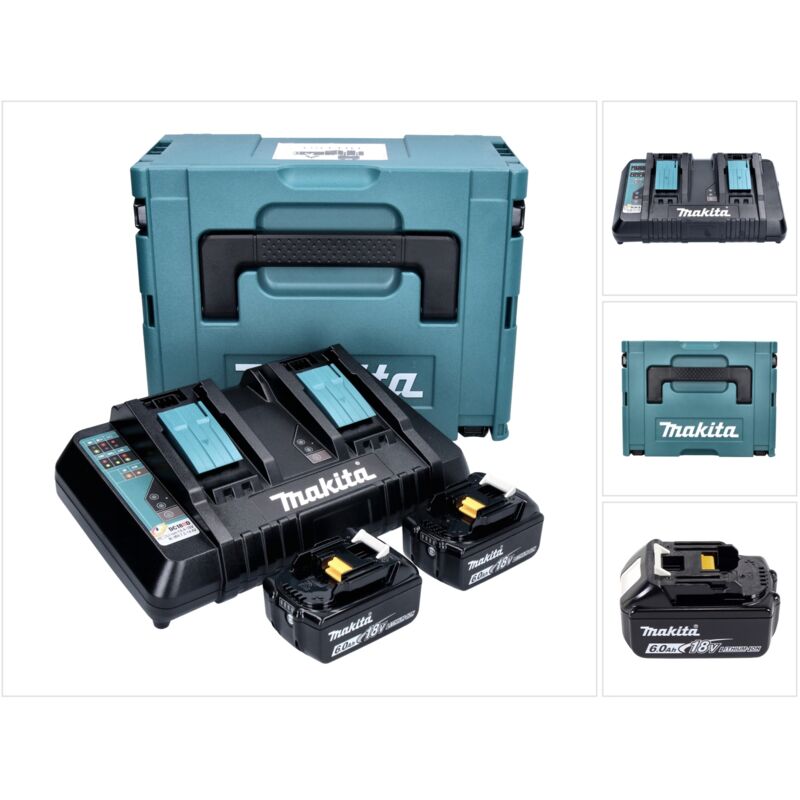 Makita Power Source Set de 2 Batteries BL1860B 6,0Ah 18V + Chargeur rapide double DC18RD + Coffret Makpac (2x 197422-4) (196933-6)