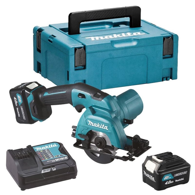 Scie circulaire 10.8V cxt Ø85 mm Makita avec 2 batteries 12V 4.0Ah - chargeur - MakPac - HS301DSMJ