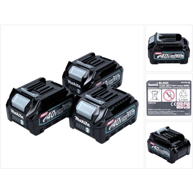 Set di batterie Makita 40 V con 3x BL 4025 2,5 Ah ( 3x 191B36-3 ) XGT Li-Ion classe di protezione IP64 con display a LED