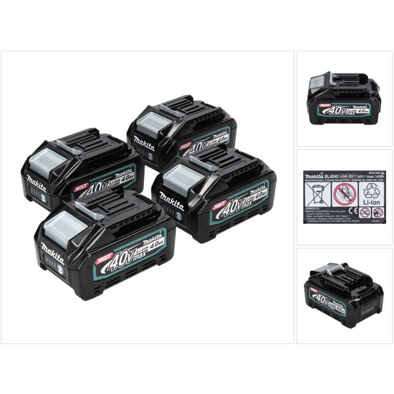 Makita Set de batteries: 4x BL4040 Batteries 4,0 Ah 40V max. - XGT Li-Ion - Classe de protection IP64 - avec Indicateur LED (4x 191B26-6)