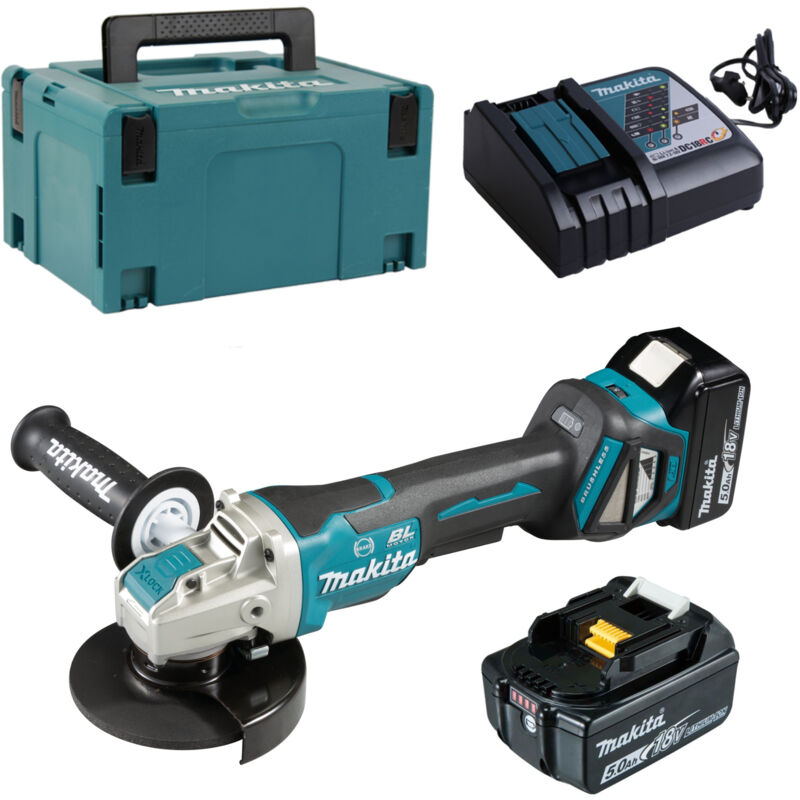 Smerigliatrice angolare a batteria Makita 18V DGA519RTJ con 2x 5,0 Ah e caricabatterie in Makpac