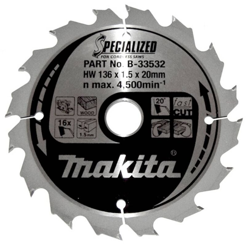 Specialized B-33532 Lame de scie circulaire au carbure 136 x 20 x 1 mm Nombre de dents: 16 1 pc(s) - Makita