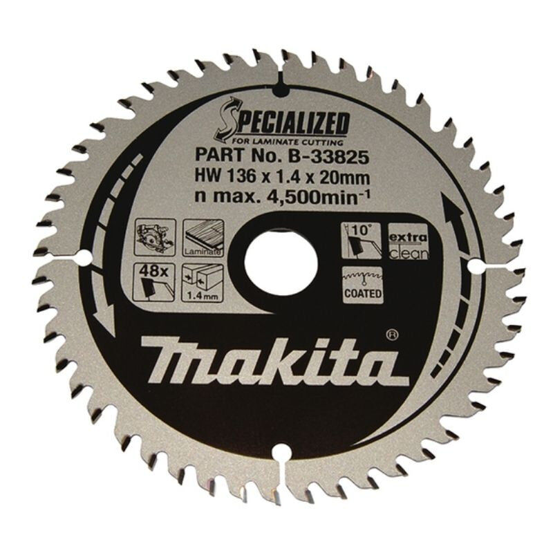 Lames carbure Makita B-33825 Ø136mmx20x48D ''Specialized'' Bois stratifié pour scies circulaires