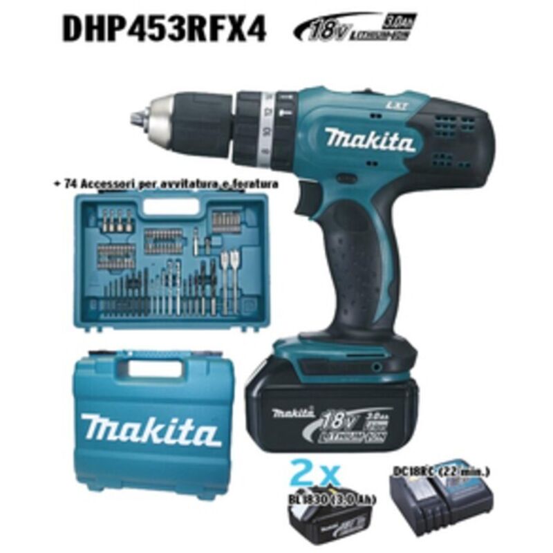 Makita Trapano C/perc Dhp453rfx4 18v Lxt + 74 Acc