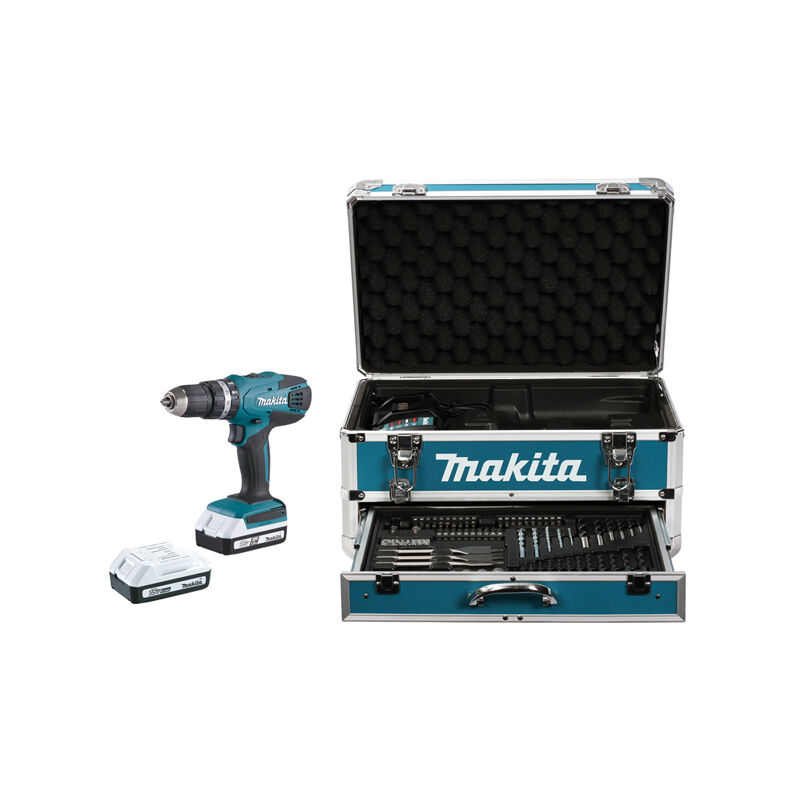 

Taladro percutor MAKITA 18V Li-Ion 1.3Ah MAKITA en estuche ALUMINIO + Kit de accesorios - HP457DWEX4