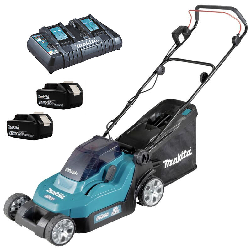 Tondeuse 36V 2x18V 38cm + 2 batteries 4Ah + chargeur double en boite carton MAKITA DLM382CM2