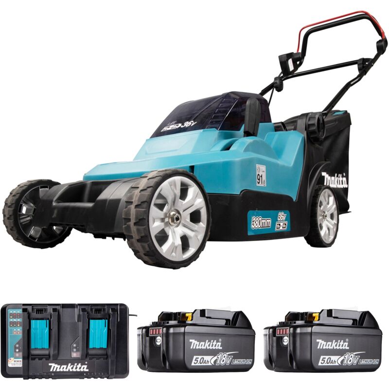 Tondeuse à gazon sans fil Makita DLM382PM2 2x 4,0 Ah batteries + chargeur DC18RD dans le carton