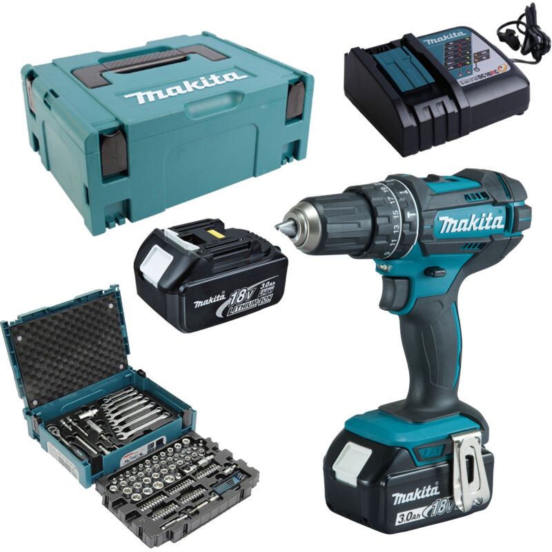Makita DHP482JX13 - Trapano avvitatore a percussione a batteria, 18 V, 3,0 Ah, 2 batterie + caricatore in MAKPAC + 120 pezzi, colore: Petrolio/nero